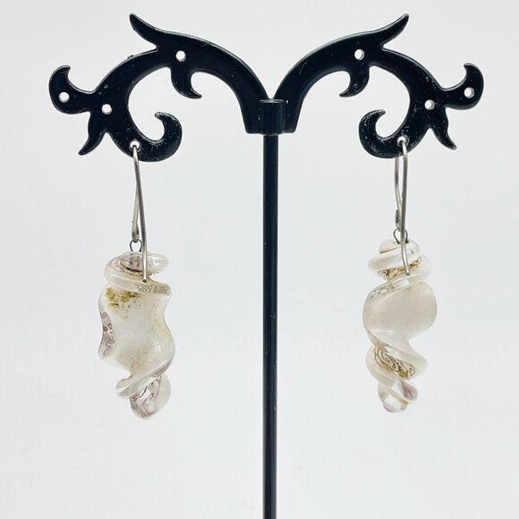 Glass Swirl Dangle Earrings Pink Rose Motif Pierced Retro Boho Romantic - Picture 8 of 8